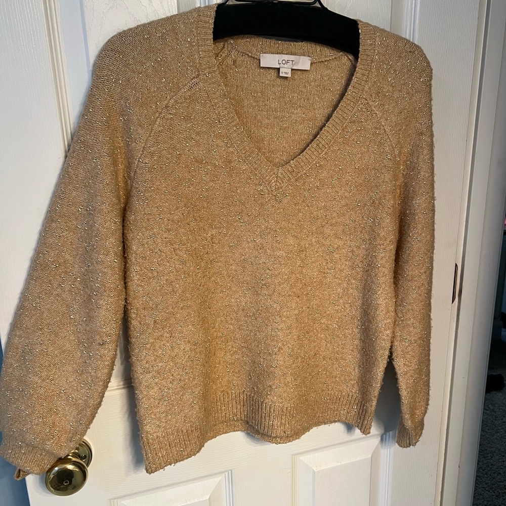 LOFT Women's Shimmering Gold V-Neck Sweater